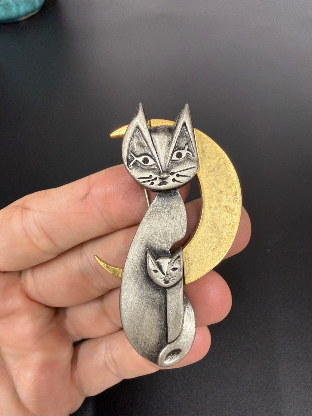 Silver and Gold Cat Family Brooch - Moon Motif